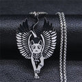 Moon Cat Black Enamel Necklace — Silver