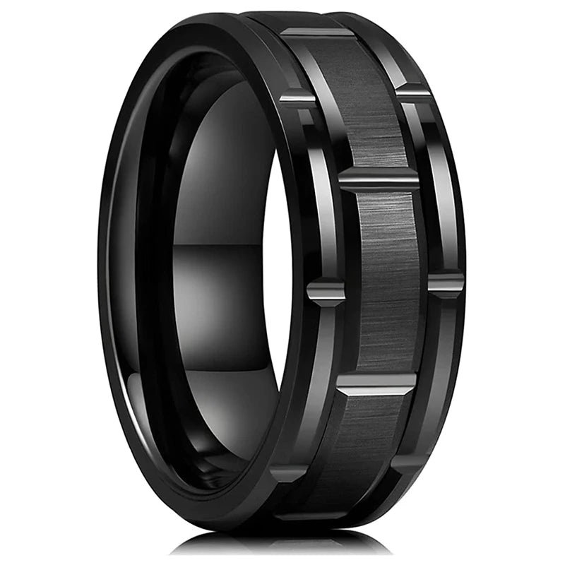 8mm Fashion Brushed Black Ring Simple Stripe Stainless Steel Ring Men Wedding Band