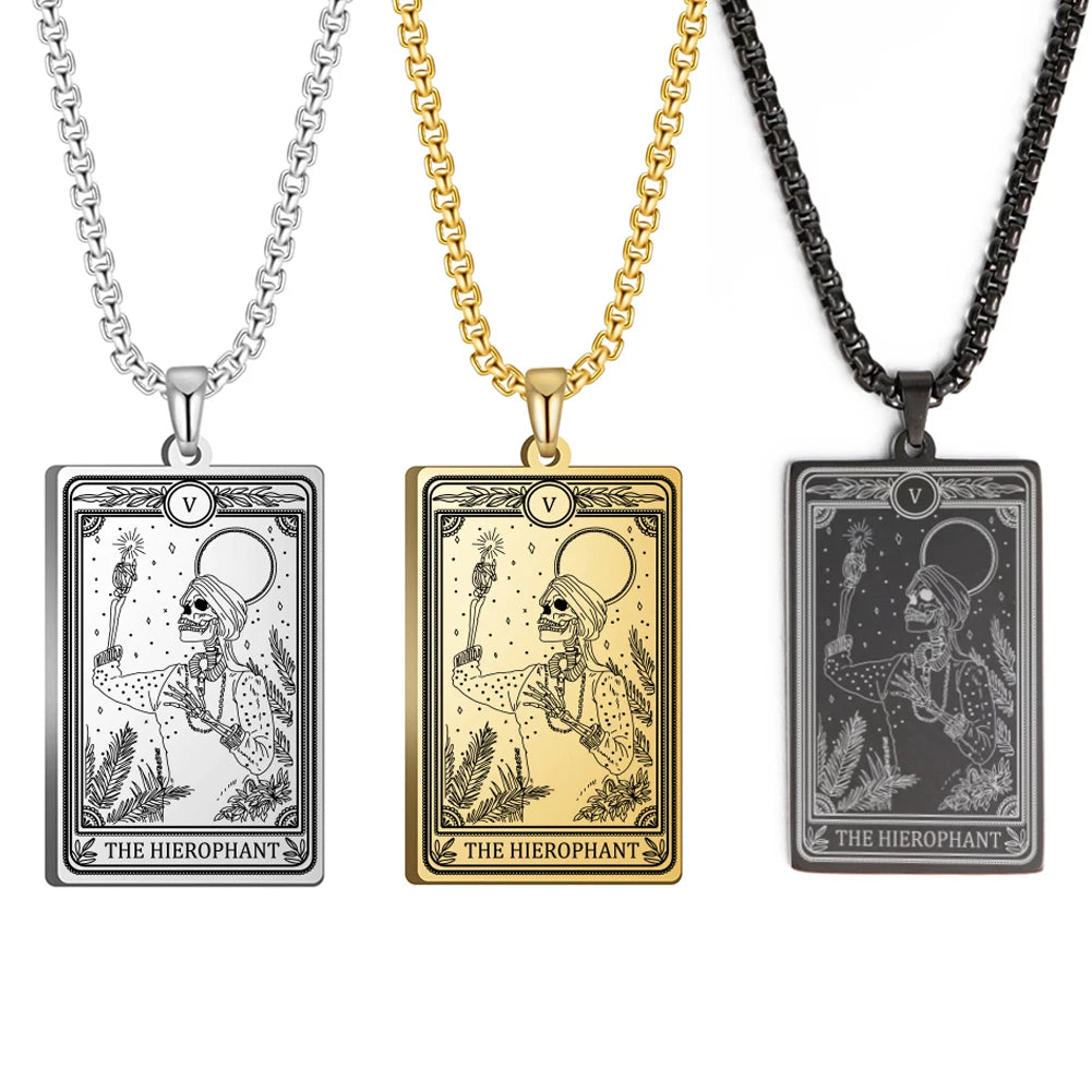 Dawapara Skeleton Tarot Necklace Amulet Marigold Tarot Card Major Arcana Necklaces Halloween Gift Stainless Steel