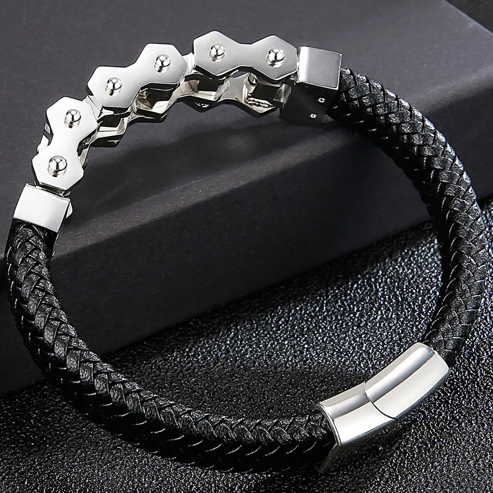 Stainless Steel Bikers Motorcycle Bike Chain Man Bracelet for Men Braided Leather Cuff Wrap Wristband Bangle With