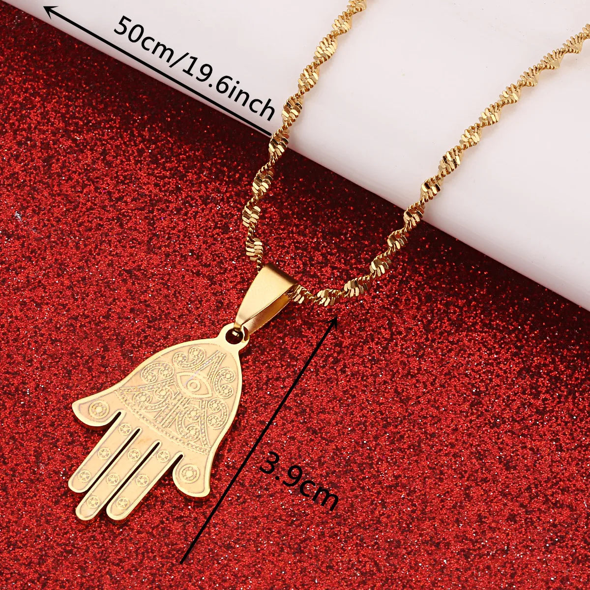 Stainless Steel Egyptian Eye of Good Luck Fatima Hamsa Hand Pendant Necklace Hand Palm Jewelry