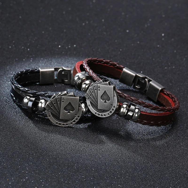 POKER BROWN LEATHER CUFF BRACELET MEN'S MULTILAYER WRAP WRISTBAND FRIENDSHIP VINTAGE BIKER PLAYING CARD POKER BANGLE