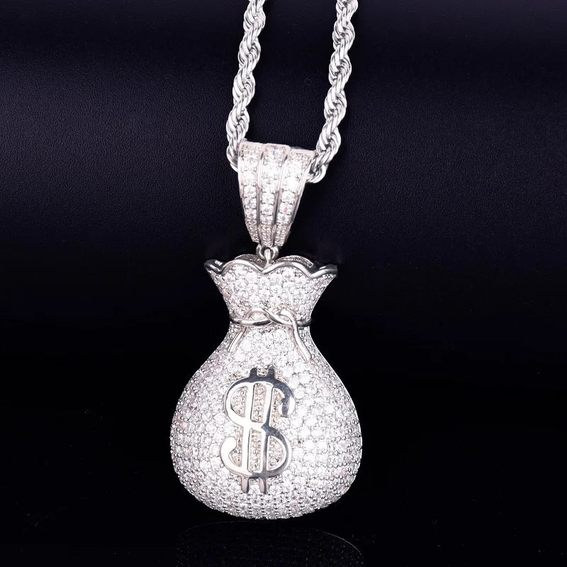 Men's Dollar Bag Pendant Necklace Gold Color Bling Cubic Zircon Hip Hop Rock Jewelry