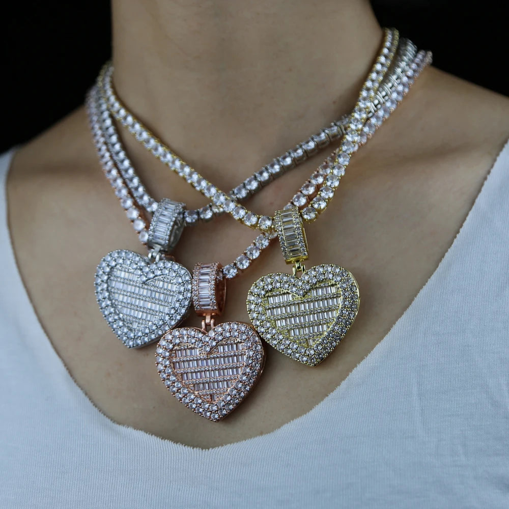 Iced Out Locket Love Heart Charm Pendant Can Be Opened DIY Photo Hip Hop 5A Cubic Zirconia CZ Tennis Chain Necklace Mens