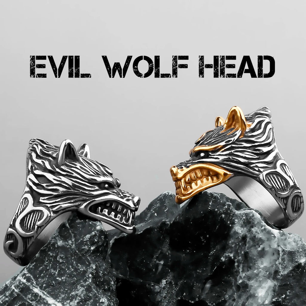Nordic Viking Prairie Wolf Head Ring — Stainless Steel