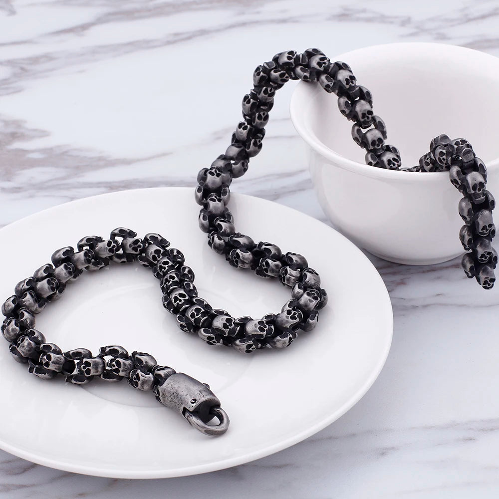 12MM Wide Stainless Steel Mens Skull Link Chain Necklace Men Punk Gothic Choker Skeleton Bracelet Men Man 50 70CM Long