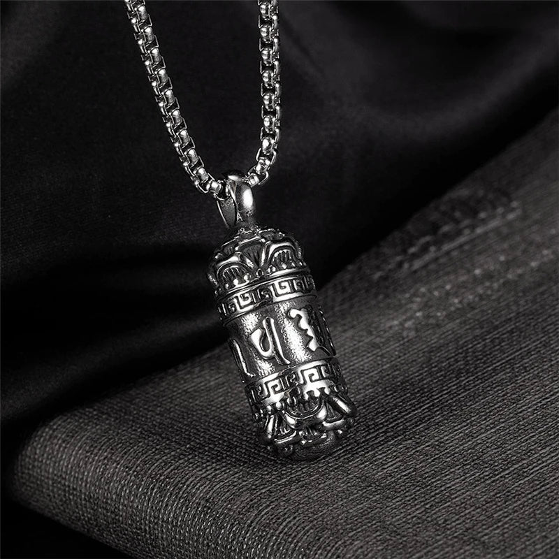 Six-Character Mantra Cylinder Pendant Necklace — Stainless Steel