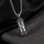 Six-Character Mantra Cylinder Pendant Necklace — Stainless Steel