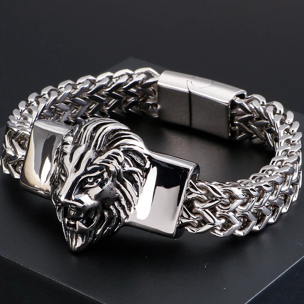 Lion Head Metal Bracelet Man 12MM Wide 316L Stainless Steel Snake Link Chain Men‘s Charm Bracelets On Hand Bands Strap
