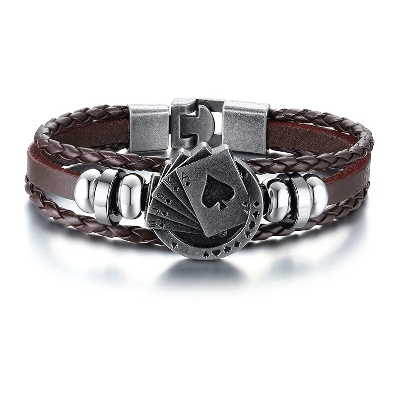 POKER BROWN LEATHER CUFF BRACELET MEN'S MULTILAYER WRAP WRISTBAND FRIENDSHIP VINTAGE BIKER PLAYING CARD POKER BANGLE