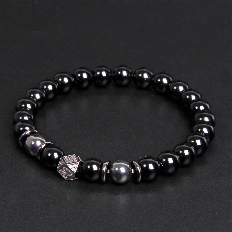 Black Beaded Round Metal Ball Bracelet for Men — Two-Tone
