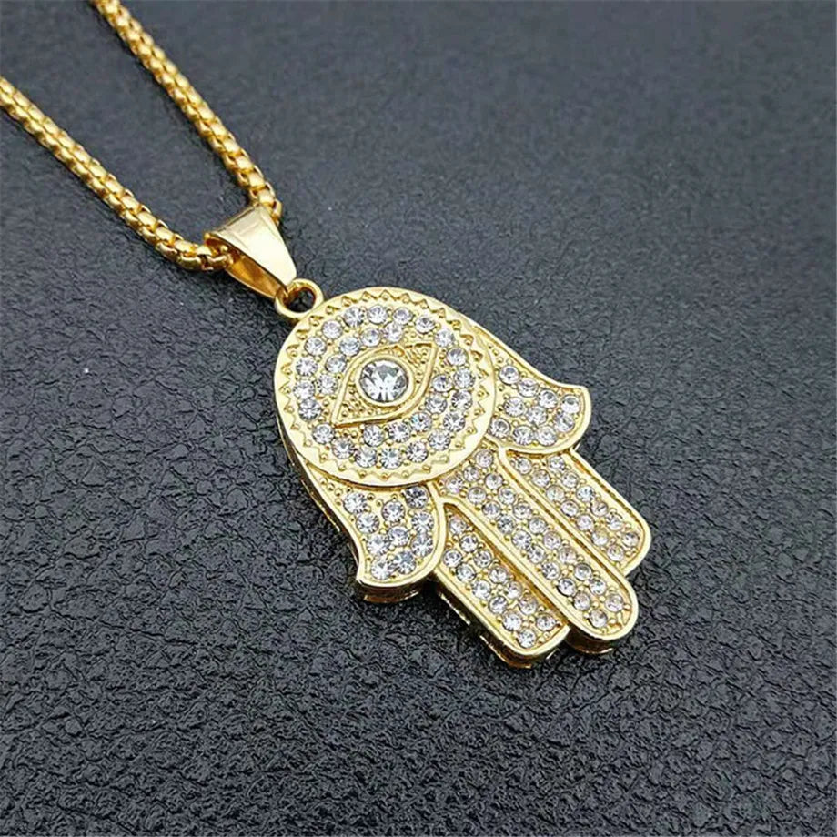 Turkish Evil Eye Hamsa Hand of Fatima Pendant Necklace Gold Color Stainless Steel Iced Out Chain Hip Hop Women/Men