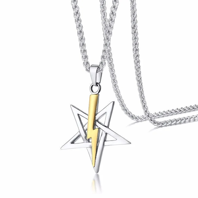 PENTAGRAM WITH LIGHTNING BOLT PENDANT SATANIC SYMBOL STAINLESS STEEL ANTON LAVEY SIGIL NECKLACE AMULET TALISMAN SIGN
