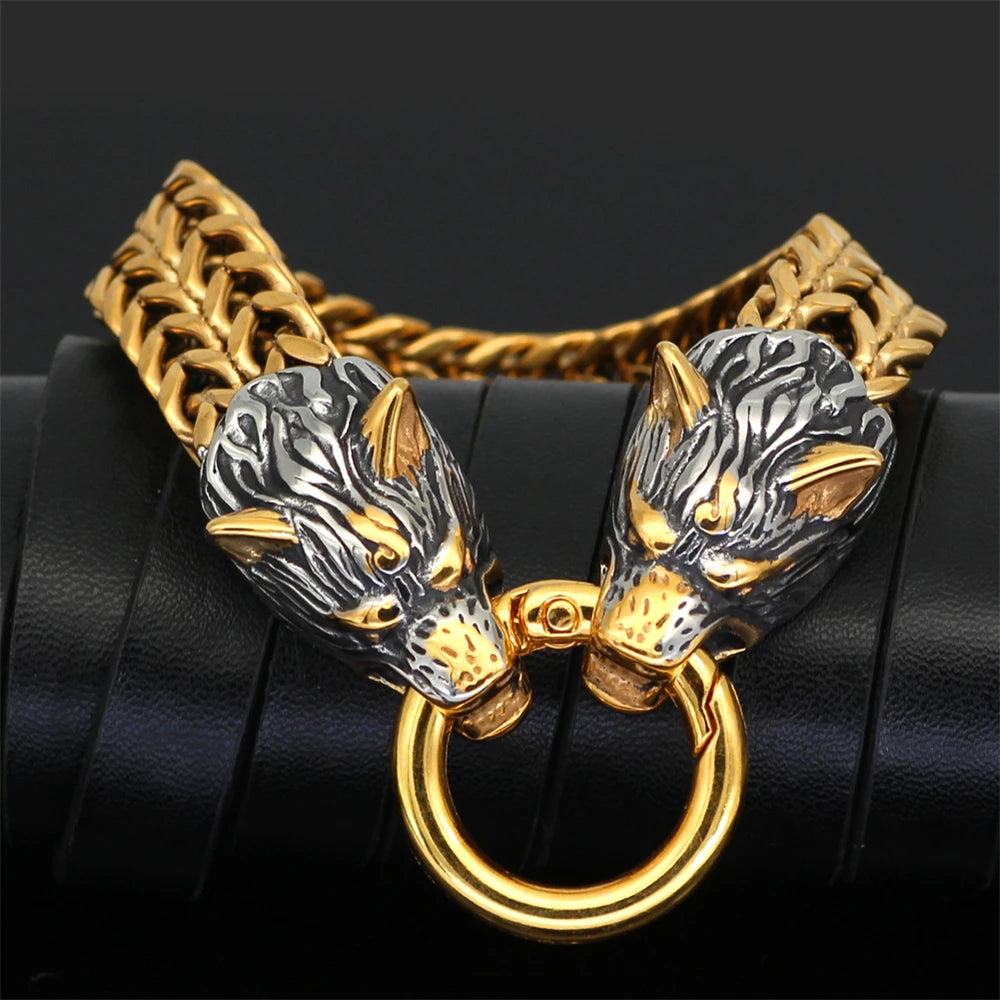 Norse Wolf Head Link Bracelet — Stainless Steel