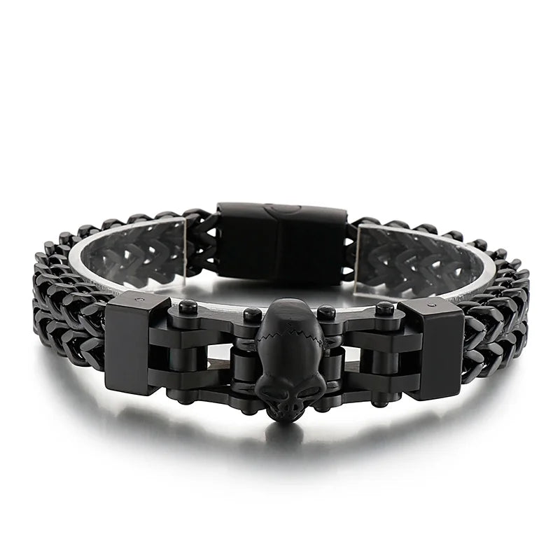 Gothic Stainless Steel Men's Bracelets With Skull Head Double Layer Franco Link Curb Chain Bracelet Man Jewelry With