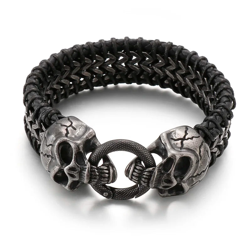 Gothic Skull Head Men's Bracelets Cowhide Leather & Stainless Steel Wristband Man Viking Homme Armband Hand Chain Male