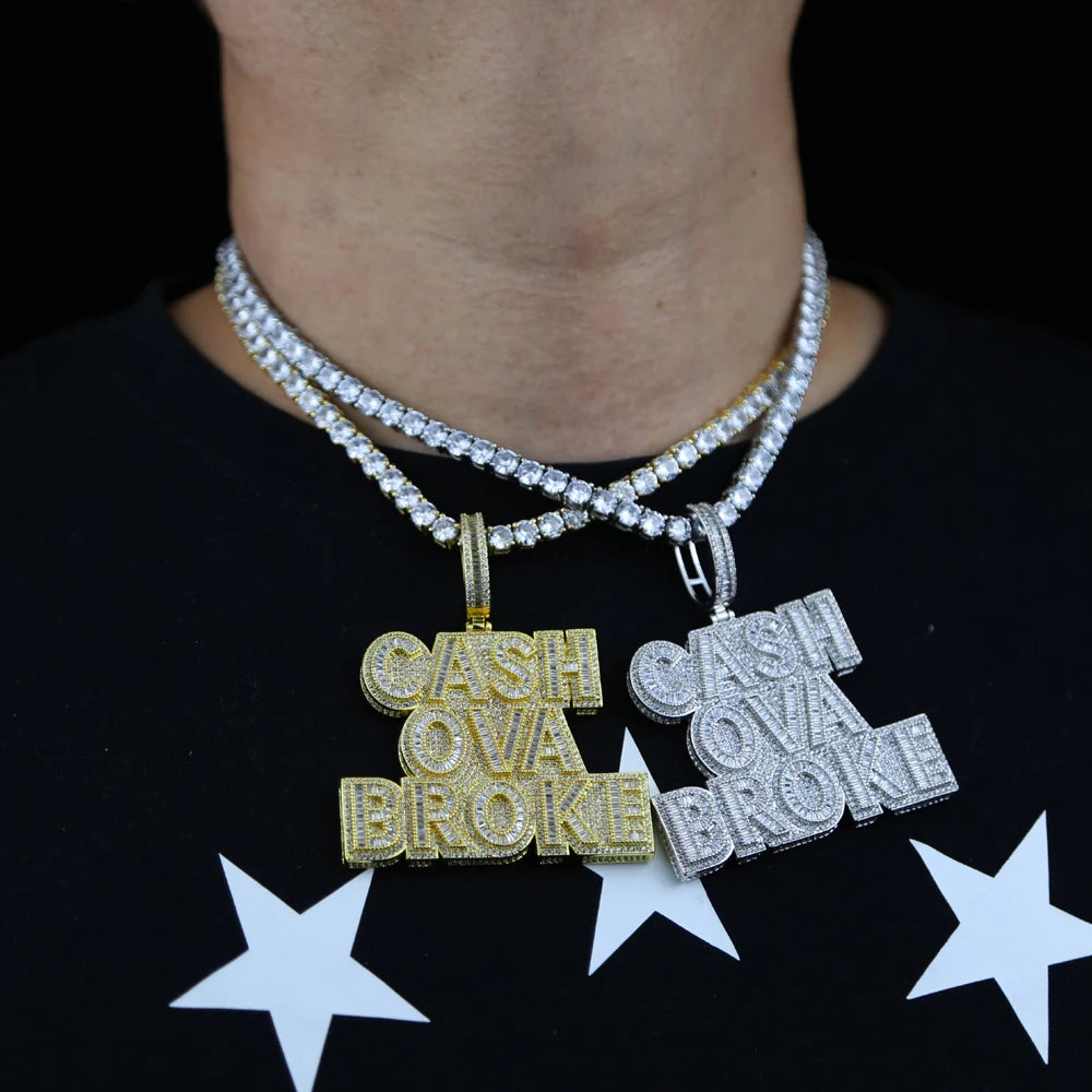 New Cash Ova Broke Pendant Necklace Hiphop Rock Iced Out Bling 5A Zircon Silver Color Cz Tennis Chain Letter Charm Men