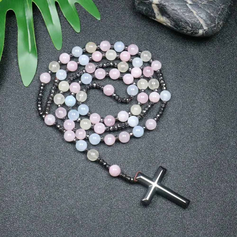 Tiger Eye Black Obsidian Rosary Cross Necklace — Black-Tone, 8mm