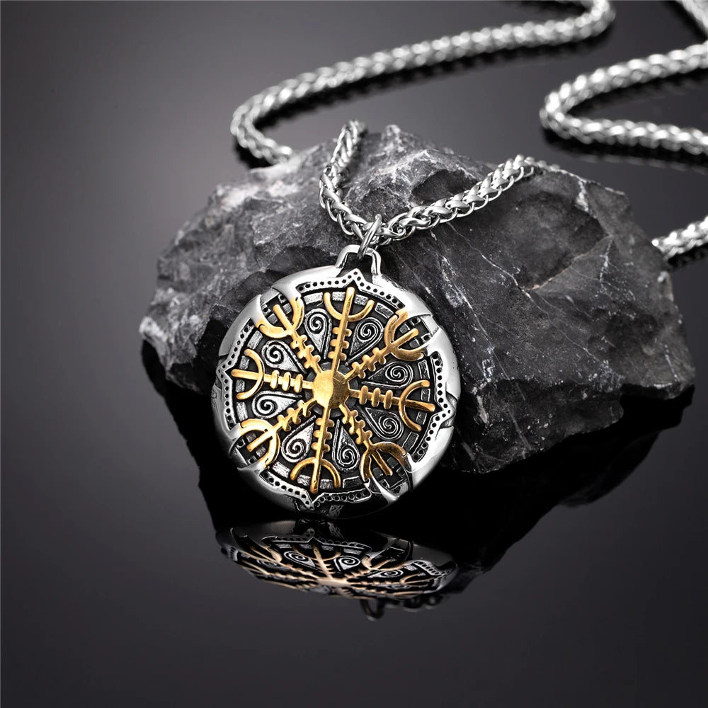 Never Fade Norse Compass Gold Color Necklace Men Vikings Runes Stainless Steel Trident Vegvisir Amulet Pendant