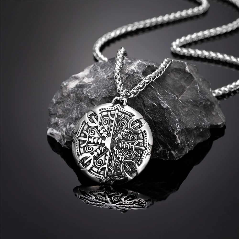 Never Fade Norse Compass Gold Color Necklace Men Vikings Runes Stainless Steel Trident Vegvisir Amulet Pendant