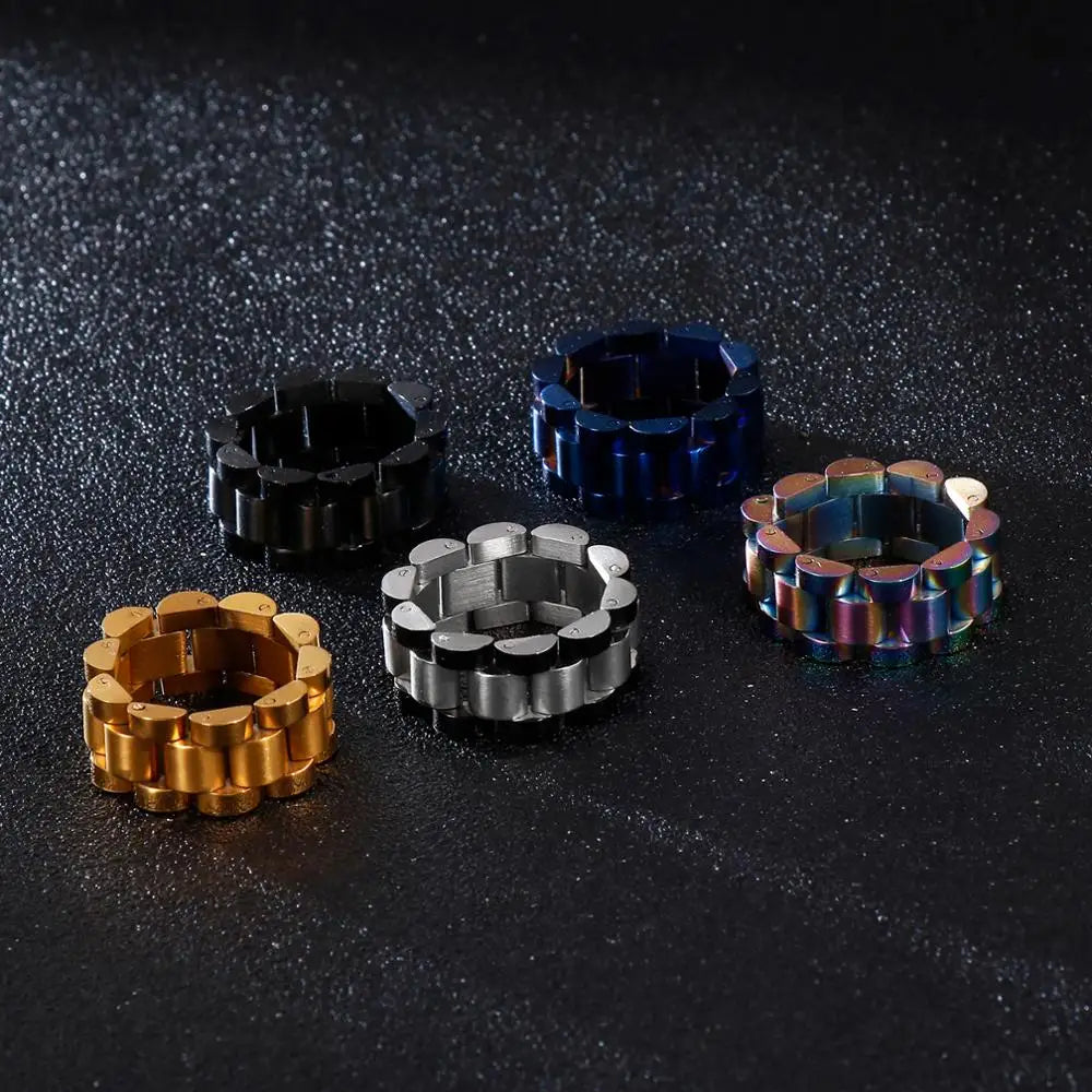 Fongten Retro Watch Link Chain Men Ring Stainless Steel Rock Biker Finger Men and Women Punk Couple Rings Fashion Jewelry Gift