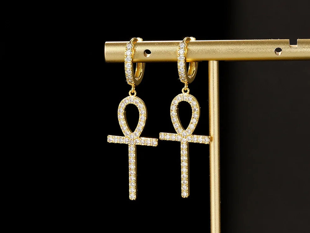 Iced Out Ankh Dangle Hoop Earrings CZ