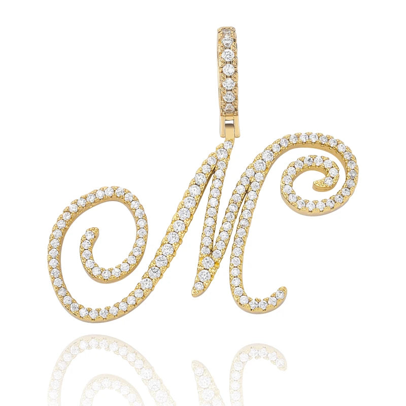 TOPGRILLZ New A-Z Cursive Letters Name Pendant&Necklace Iced Out Cubic Zircon Gold Silver Color Charm  Hip Hop Jewelry