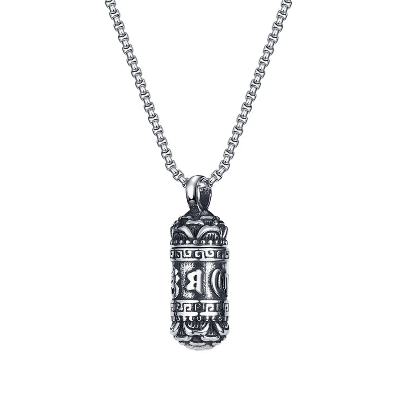 Six-Words Men's Necklace Cylindrical Pendant Vintage Tibetan Buddhism Necklaces Stainless Steel Lucky Amulet Male Retro jewelry