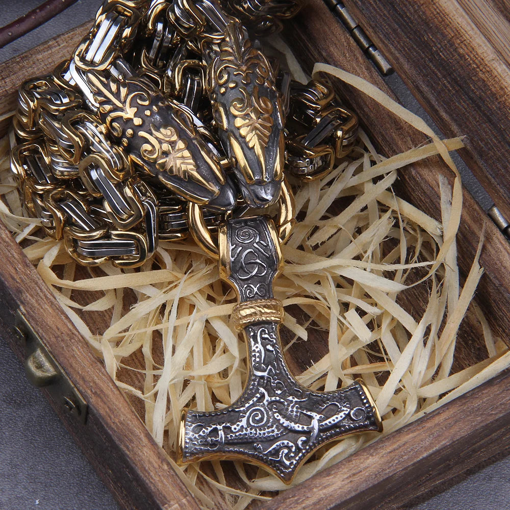 Never Fade Men stainless steel Wolf head norse viking amulet thor hammer pendant necklace viking king chain