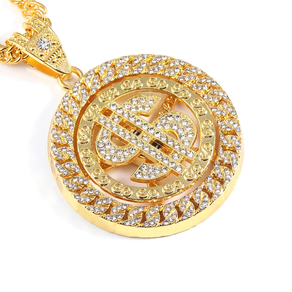 Hip Hop Rotatable US Dollar Pendant Necklace Men Gold Sliver Color Ice Out Crystal Sign Rock Pendant Bling Rapper Bling Jewerly