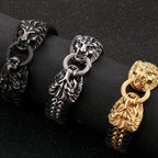 Vintage Double Wolf Lion Head Men's Bracelets Gothic 23CM Long Braided Genuine Leather & Stainless Steel Skull Bracelet
