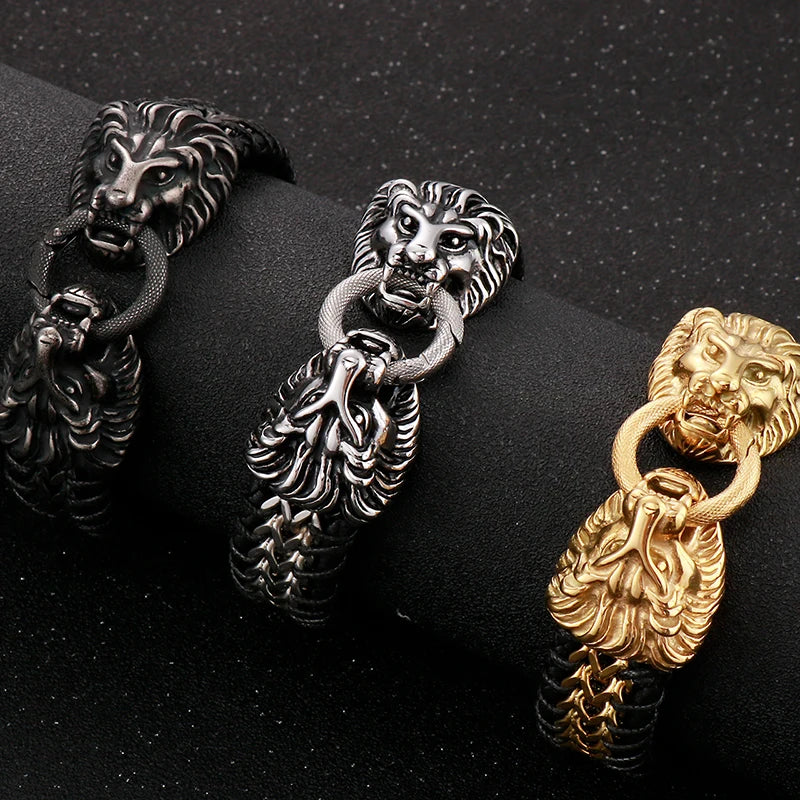 Vintage Double Wolf Lion Head Men's Bracelets Gothic 23CM Long Braided Genuine Leather & Stainless Steel Skull Bracelet