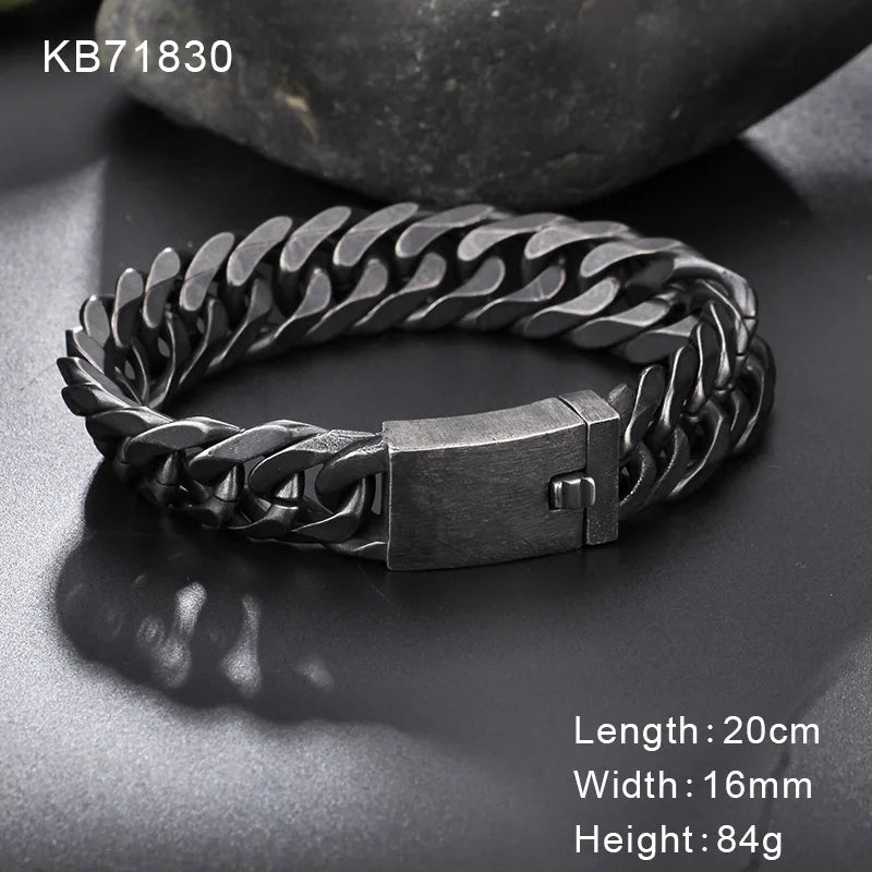 Fongten Retro Black Bracelet For Men Cuban Chain Stainless Steel Heavy Wide Curb Bracelets Bangle Male Jewelry