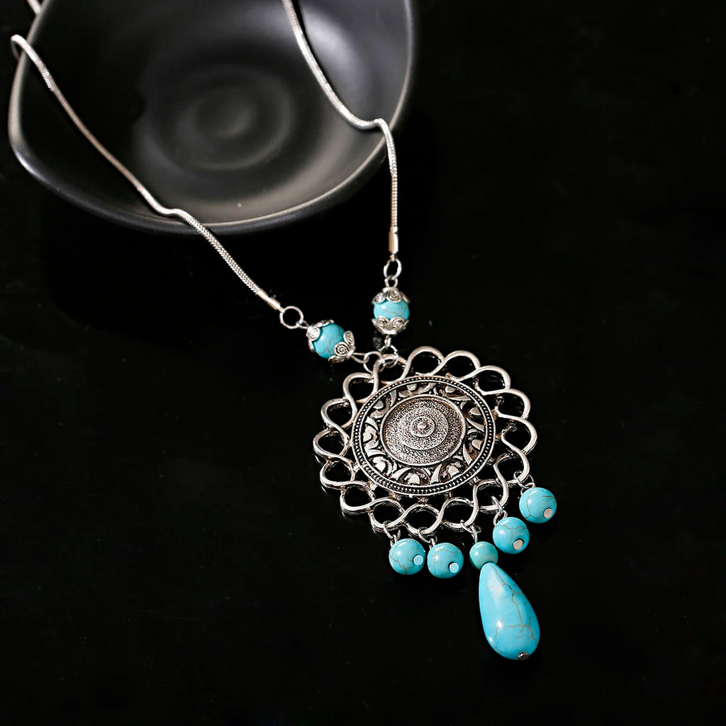 Womens Gypsy Jewelry Bohemian Ethnic Red Natural Stone Pendants Necklaces Metal Tibetan Sliver Color Chain Necklace For