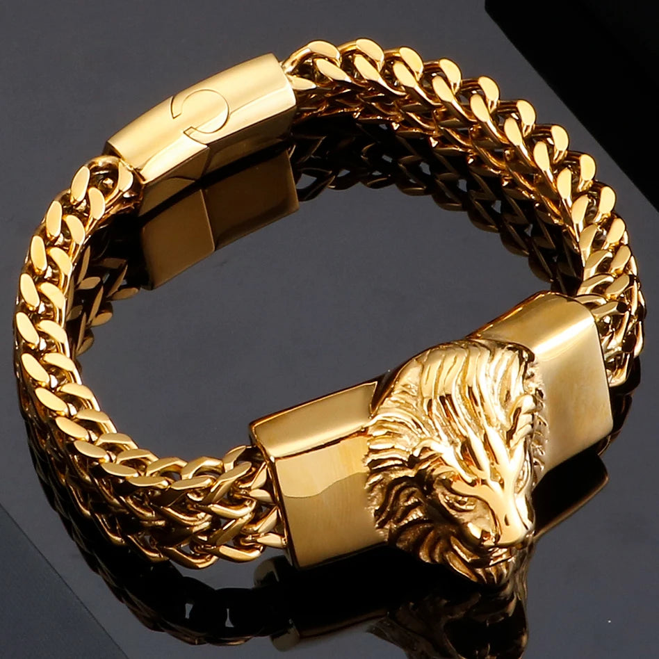 Lion Head Metal Bracelet Man 12MM Wide 316L Stainless Steel Snake Link Chain Men‘s Charm Bracelets On Hand Bands Strap
