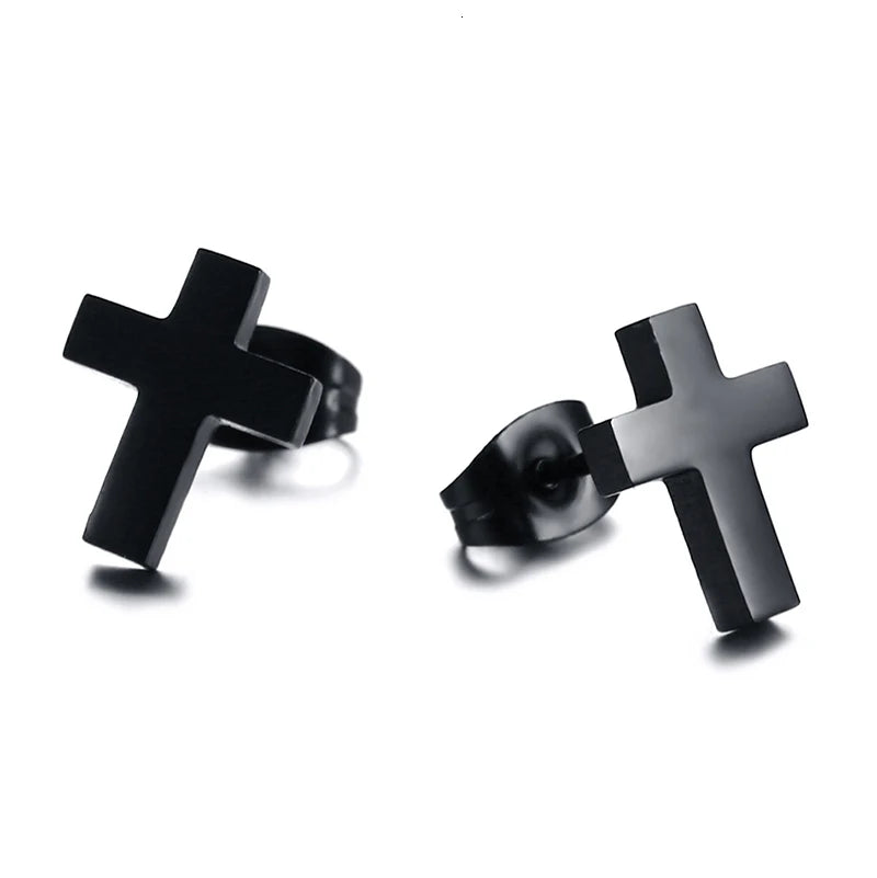 Cross Black Minimal Stud Earrings — Stainless Steel