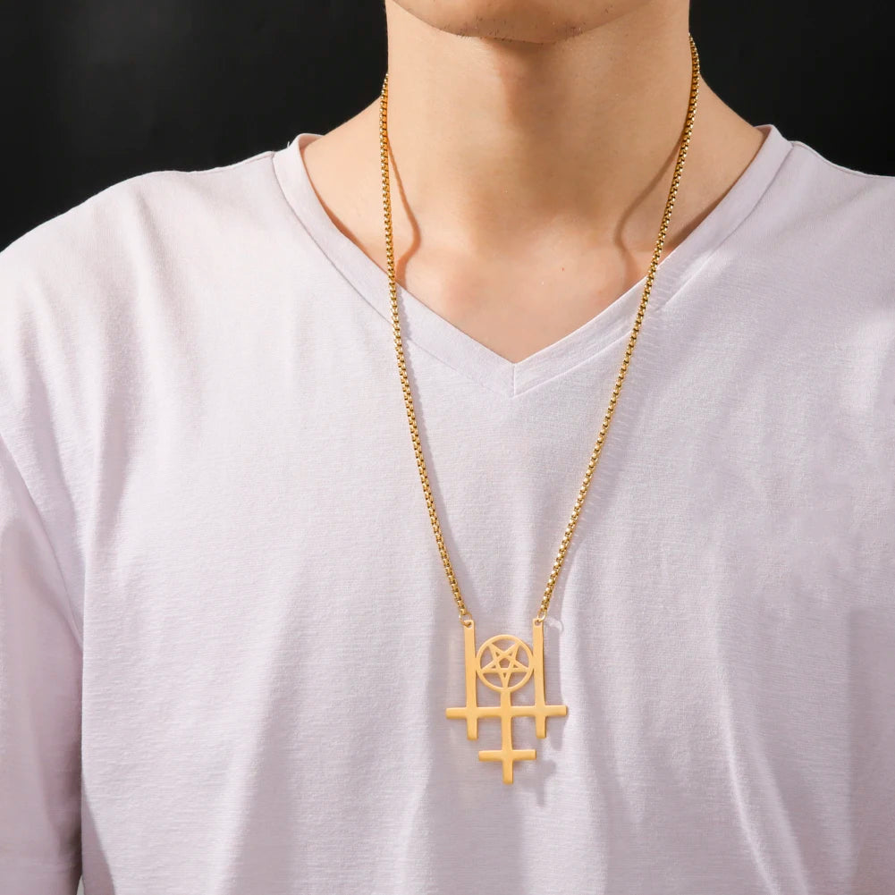 Triple Inverted Cross Pendant Necklace — Stainless Steel