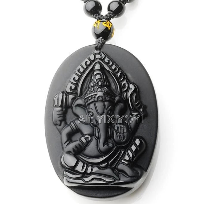 Beautiful Handwork Natural Black Obsidian Carved Elephant Nose Buddha God of Wealth Lucky Pendant + Beads Necklace Gift Jewelry