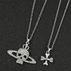 Gothic Halloween Necklace Inlaid Rhinestone Skull Saturn Pendant Double Chain Necklace Trend Men's and Women's Jewelry