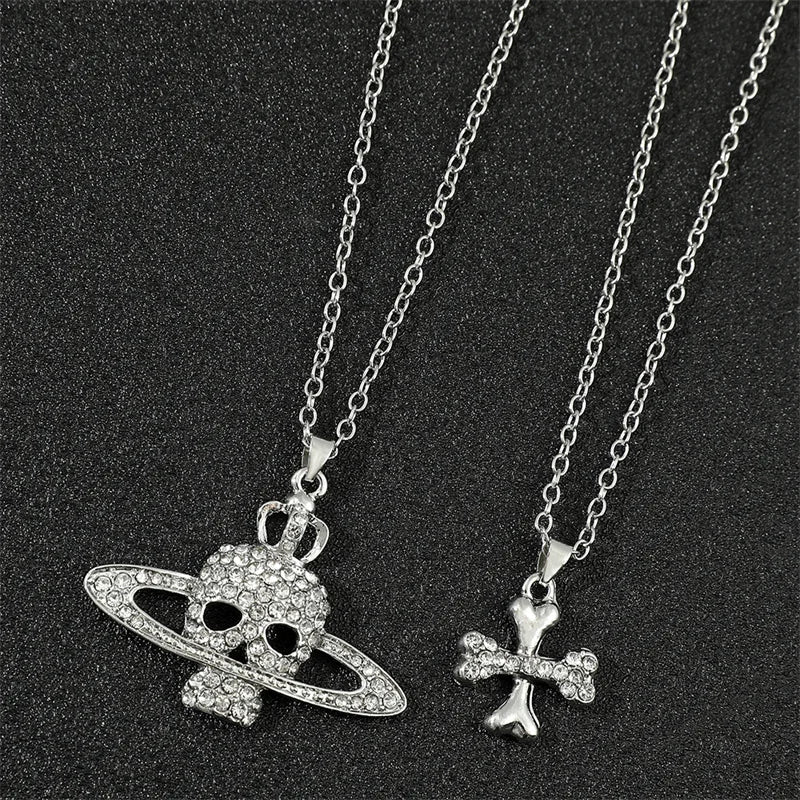 Gothic Halloween Necklace Inlaid Rhinestone Skull Saturn Pendant Double Chain Necklace Trend Men's and Women's Jewelry