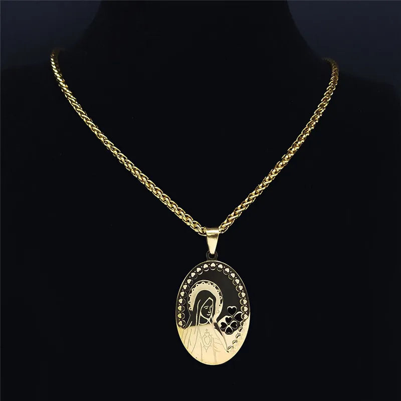 Double Layer Stainless Steel Virgin Mary Medal Pendant Necklace Women/Men Gold Color Long Chain Necklaces Jewelry