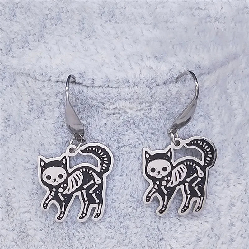 Skull Cat Silver Earrings Gothic Dangle Small