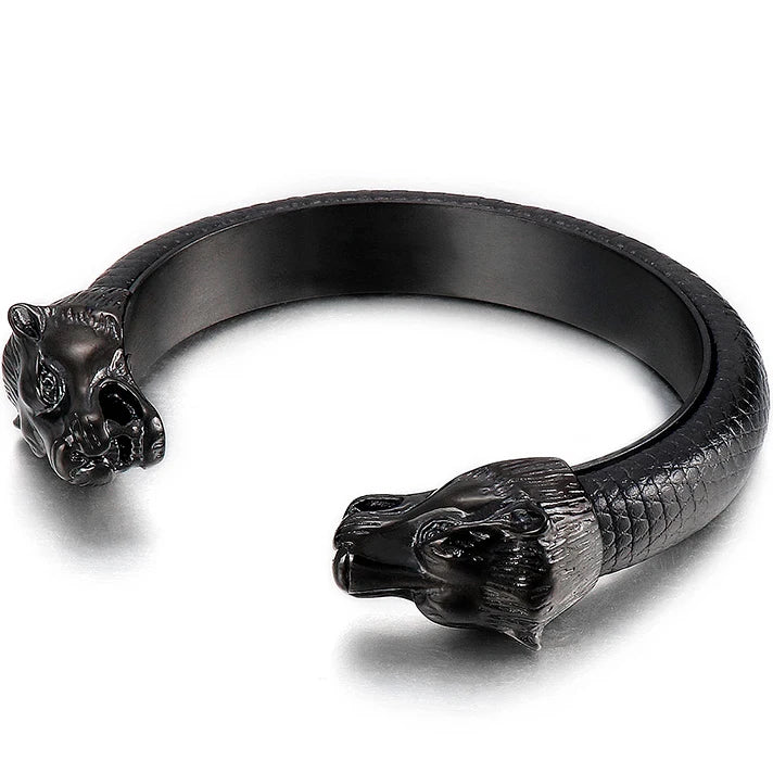 Gold Color Stainless Steel Lion Head Open Bangles For Men Elastic Adjustable Leather Bracelets Boys Hand Accessories