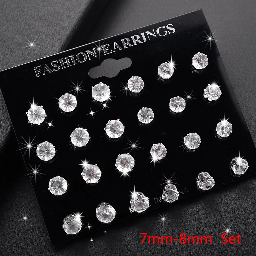 New 12 Pair/Pack White Shiny Wedding Stud Earrings Set For Women Men Crystal Jewelry Accessories Oorbellen Jewelry