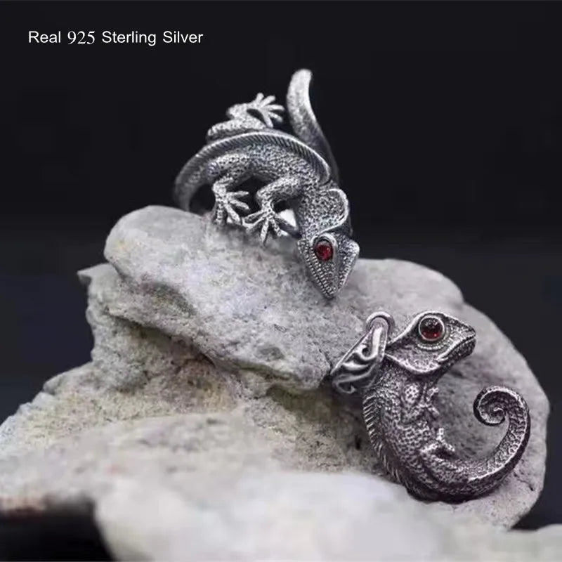 Buyee 925 Sterling Silver Male Unique Ring Finger Gray Lizard Animal Open Ring for Men Fashion Punk Big Fine Jewelry Circle