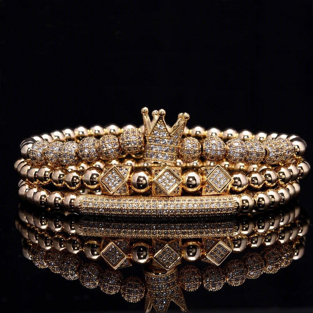 3pcs/Set Luxury Gold Color Beads Royal King Crown Dice Charm CZ Ball Bracelet Mens Fashion Bracelets & Bangles Multi