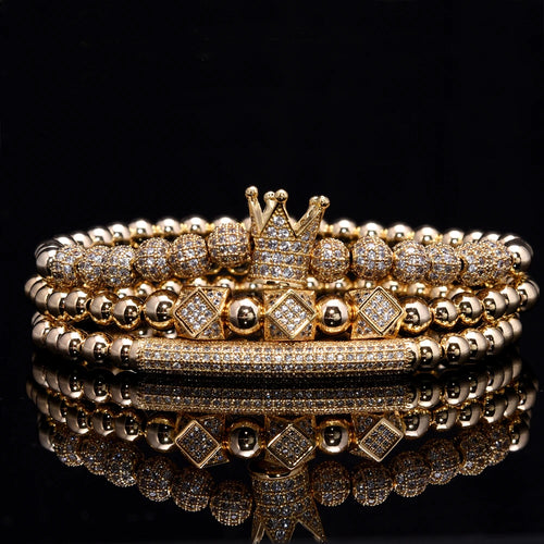 3pcs/Set Luxury Gold Color Beads Royal King Crown Dice Charm CZ Ball Bracelet Mens Fashion Bracelets & Bangles Multi