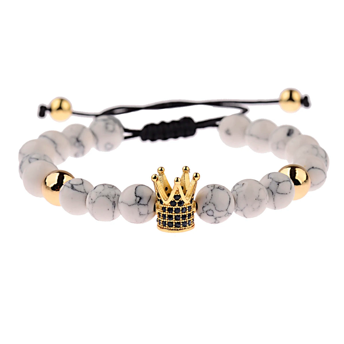 Black CZ Pave Ball Beaded Bracelet for Men — Adjustable Weave