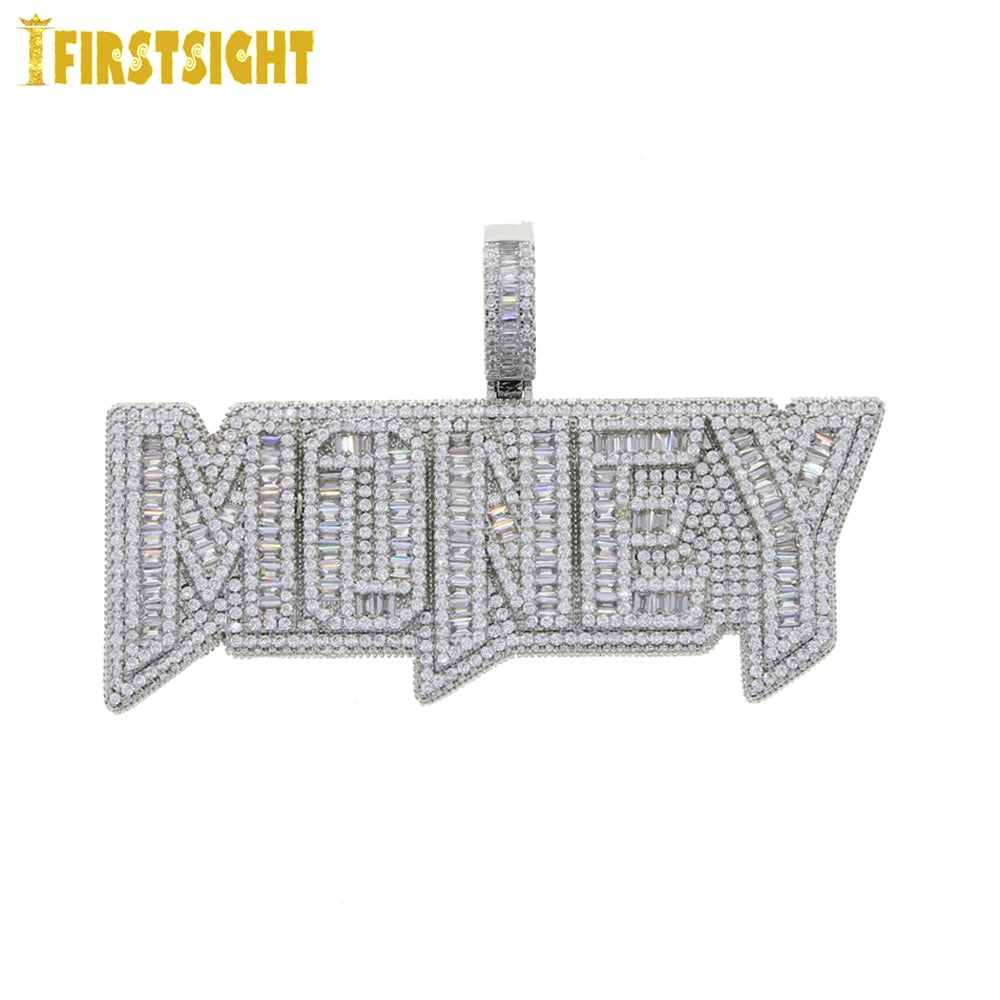 New Iced Out Bling Crown Letters Money Pendant Necklace Two Tone Color CZ Zircon Dollar Symbol Necklaces Men's Hip Hop Jewelry