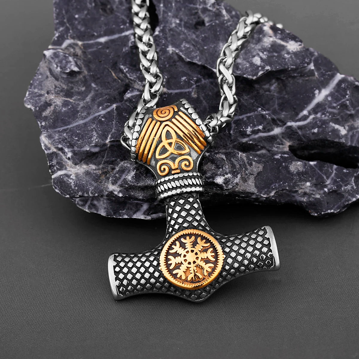 Nordic Viking Thor's Hammer Compass Necklace Vintage Stainless Steel Mixed Gold Color Vegvisir Jewelry Scandinavian